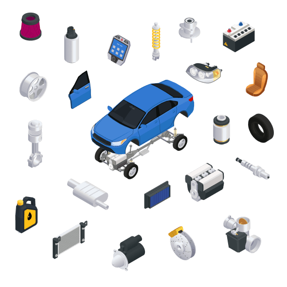 Illustration of various automotive spare parts available on Koovers platform