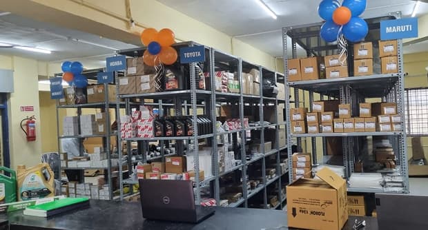 Warehouse interior with organized shelving and inventory storage systems